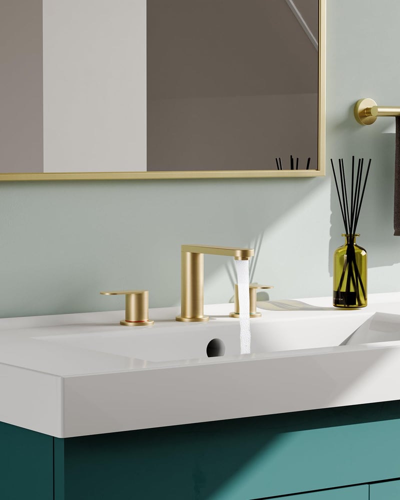 BWE Brushed Gold Bathroom Faucet 3 Hole, 8 Inch Widespread Gold Bathroom Faucets with Pop-up Drain and Supply Lines, 360Â° Swivel Spout 2-Handle Sink Faucet for Bath Vanity - Image 5