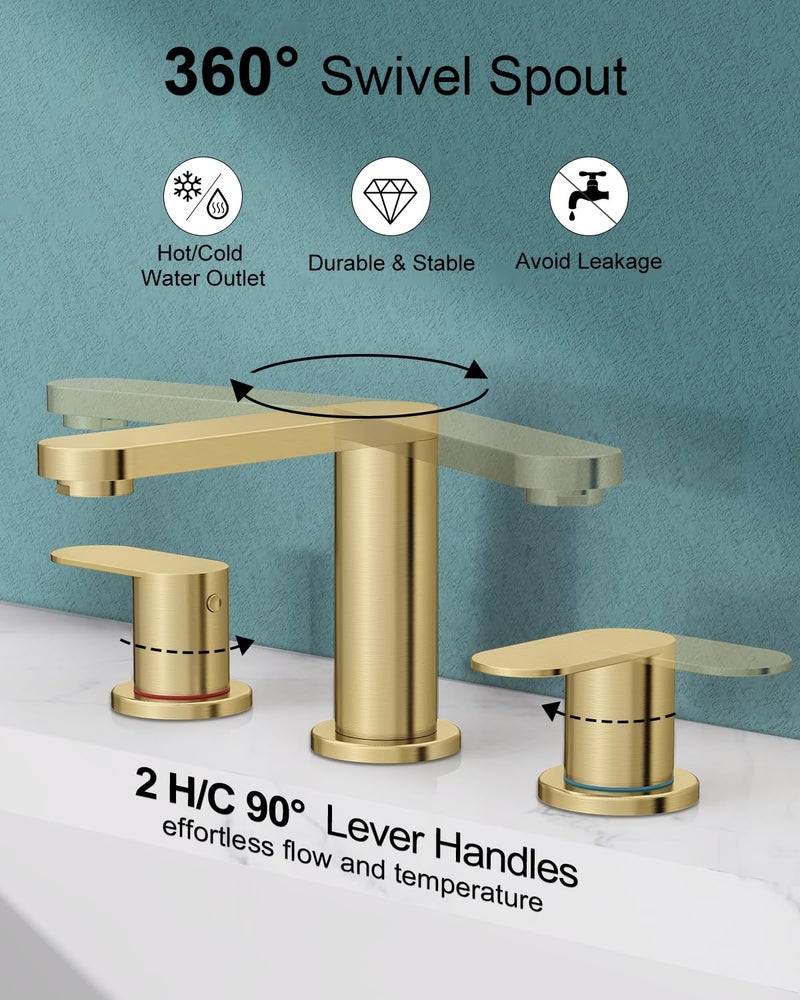 BWE Brushed Gold Bathroom Faucet 3 Hole, 8 Inch Widespread Gold Bathroom Faucets with Pop-up Drain and Supply Lines, 360Â° Swivel Spout 2-Handle Sink Faucet for Bath Vanity - Image 3