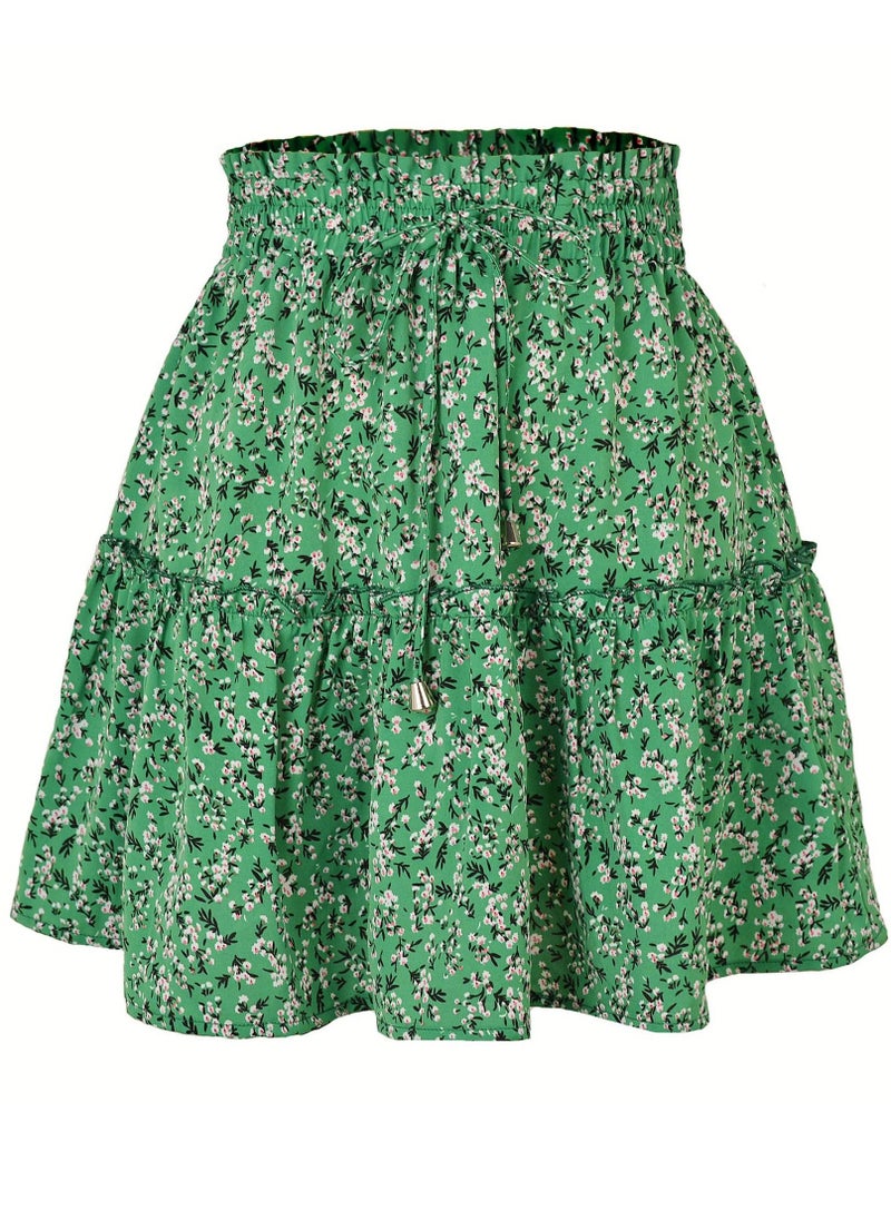Loquat - Women's Summer Cute High Waist Ruffle Skirt Floral Print Swing Beach Mini Skirt Green - Image 1