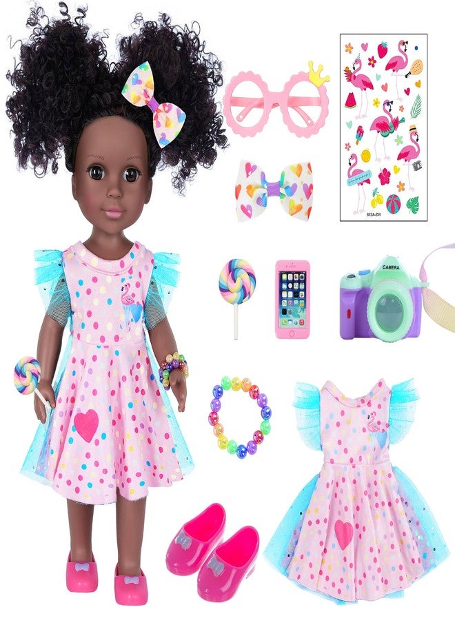 DOTVOSY 14.5 Inch Black Girl Doll with Pink Flamingo Theme Dress, Camera, Sunglasses & Accessories - Image 1