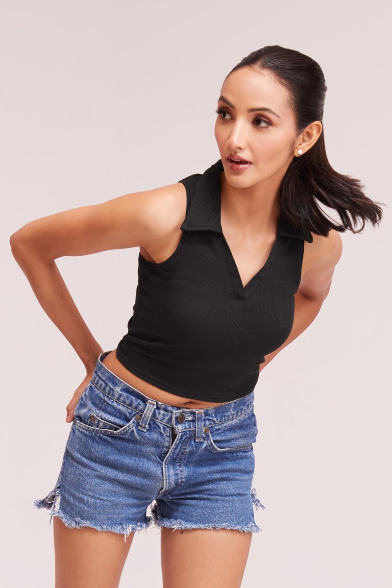 Berry&Bird BERRY BIRD® Stylish Sleeveless V-Neck Slim Fit Collar Ribbed Knit Tank Crop Tops for Women & Girls Beach and Gym Wear and Western Trendy Fashion Black - Image 4