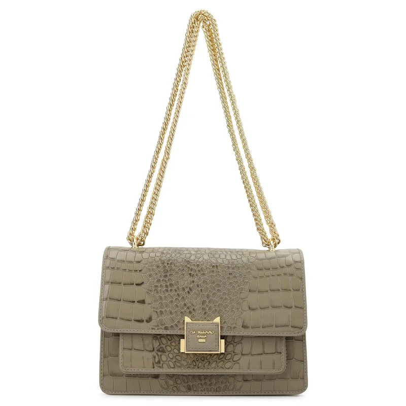 Da Milano Women's Leather Handbag - Croco-Textured Double Chain (S) - Stone Grey