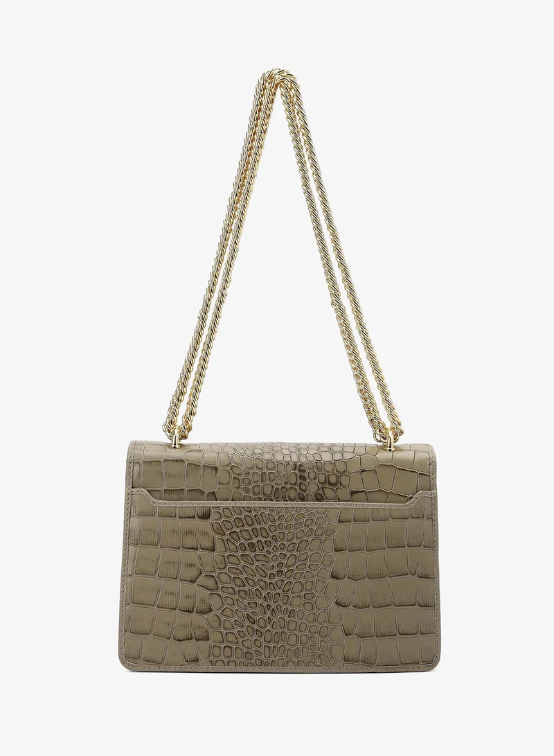 Da Milano  Da Milano Women's Leather Handbag - Croco-Textured Double Chain (S) - Stone Grey for Women | Best Price UAE