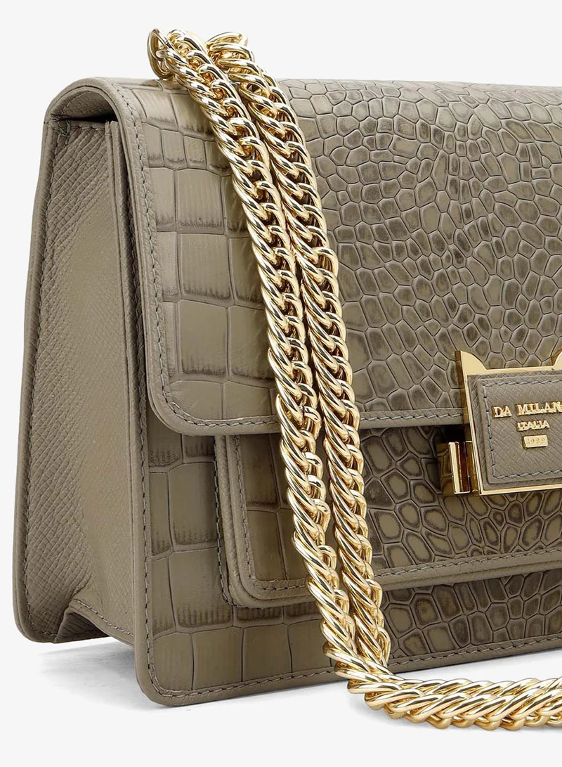Da Milano  Da Milano Women's Leather Handbag - Croco-Textured Double Chain (S) - Stone Grey for Women | Best Price UAE
