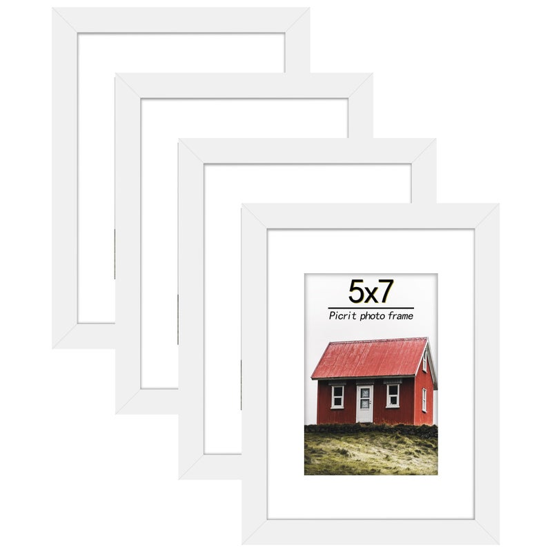 Picrit 5x7 Picture Frame Set of 4 Made of High Definition Real Glass Display 4x6 with Mat or 5x7 without Mat Photo Frames for Wall Mounting or Table Top DisplayWhite
