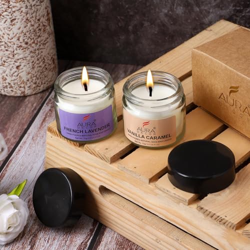 AURA DECOR AuraDecor Scented Soy Wax Jar Candle Long-Lasting Aromatherapy Candles – Gift for Home, Office & Relaxation (French Lavender+Vanilla Caramel) - Image 1