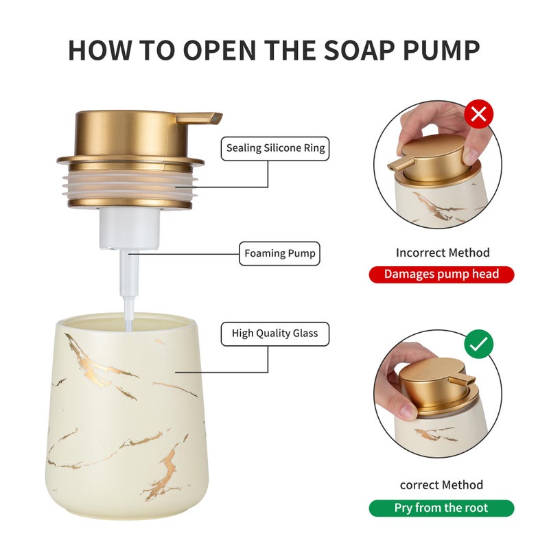 Enra Ceramic Foaming Soap Dispenser -12oz Modern Foam Gold Hand Soap Dispenser Bathroom, Refillable Dish Wash Soap Bottle for Kitchen with Large Pump(Glod Foam Type-Beige) - Image 4
