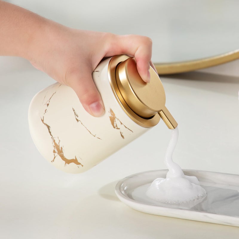 Enra Ceramic Foaming Soap Dispenser -12oz Modern Foam Gold Hand Soap Dispenser Bathroom, Refillable Dish Wash Soap Bottle for Kitchen with Large Pump(Glod Foam Type-Beige) - Image 5