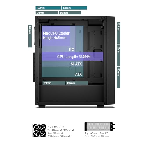 DARKROCK EC2 Black ATX Mid Tower PC Case, Type-C Ready, Supports 50 Series Graphics Cards, Tempered Glass Side Panel, up to 8 x 120mm Cooling Fans & 1 x 360mm Radiator, 1 x Pre-Installed Fan - Image 4