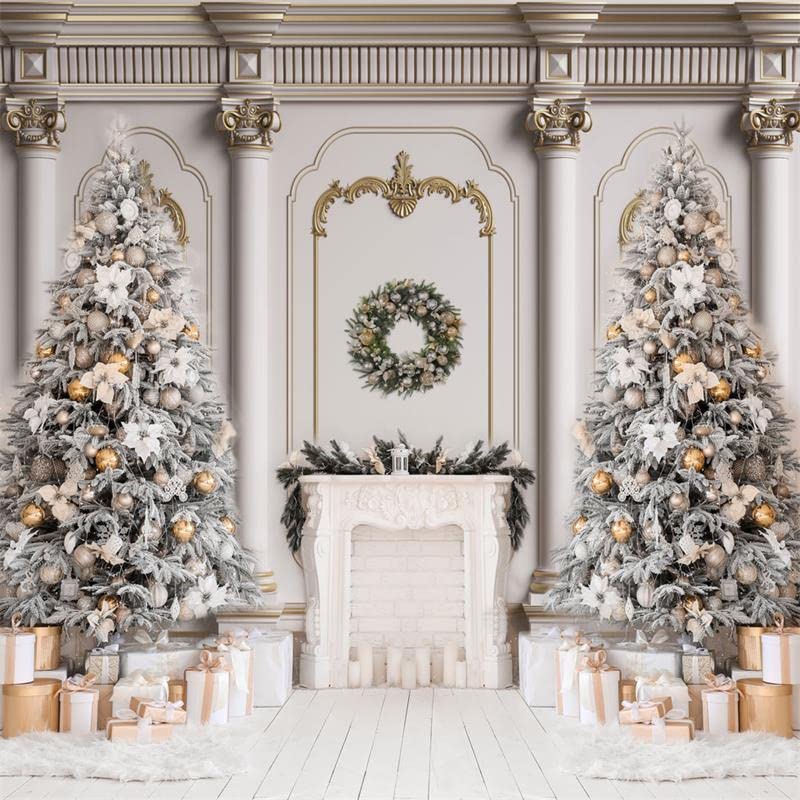 Kate 88ft 2525m Christmas Tree Photo Backdrop Xmas Palace Classic Indoor White Fireplace Gifts Decoration Photography Background for Christmas New Year Photographer Studio Props