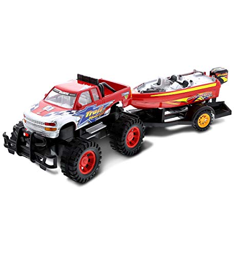 Mozlly Monster Truck Toys Set with Trailer Toy Boat Friction Powered Hauling Truck and Trailer Toy Big Toy Monster Truck with Boat Adventure Truck Pulling Boat Toy Monster Trucks for Kids 9 Inch - Image 1