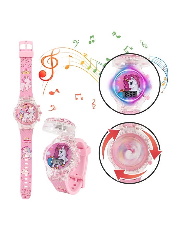 Unicorn Cartoon Children's Watch, with Light Effect, Electronic Watch with Music, Flip-top Cartoon Watch for Kids - Image 1