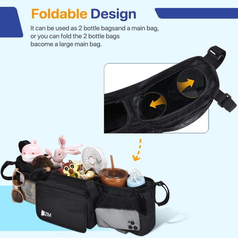 ZZM Double Stroller Organizer for Bob Duallie and Baby Jogger City Mini GT2, Double Baby Stroller Accessories with 2 Cooler Pockets, Parent Console Double Jogging Stroller Organizer(Empty Bag) - Image 5