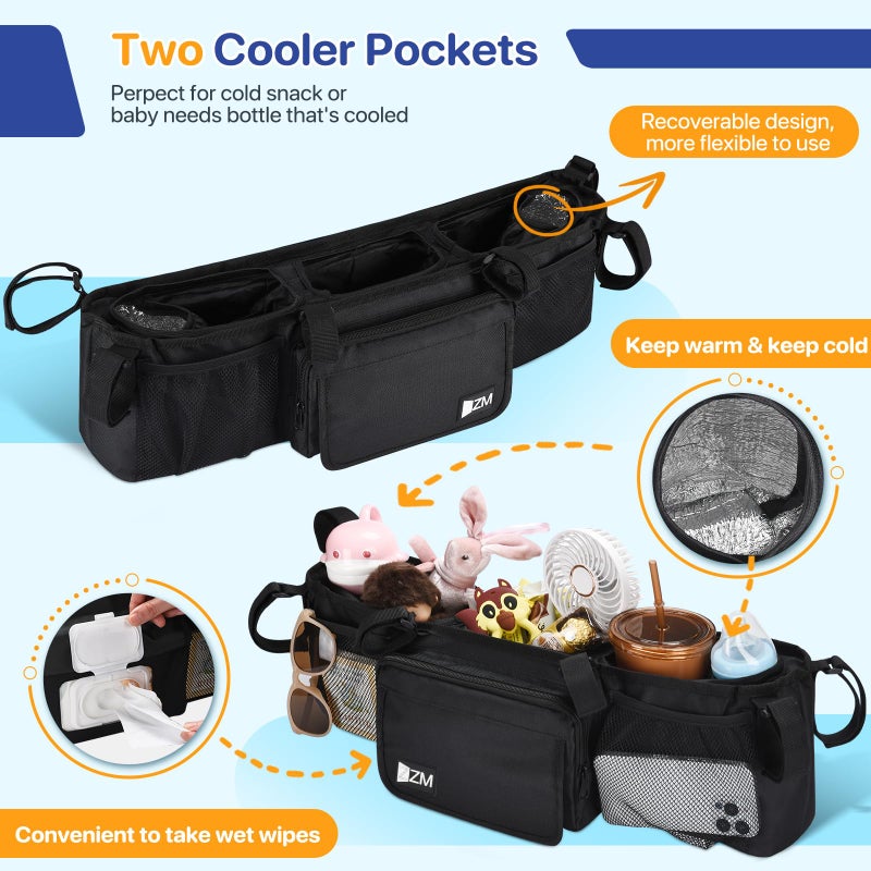 ZZM Double Stroller Organizer for Bob Duallie and Baby Jogger City Mini GT2, Double Baby Stroller Accessories with 2 Cooler Pockets, Parent Console Double Jogging Stroller Organizer(Empty Bag) - Image 3