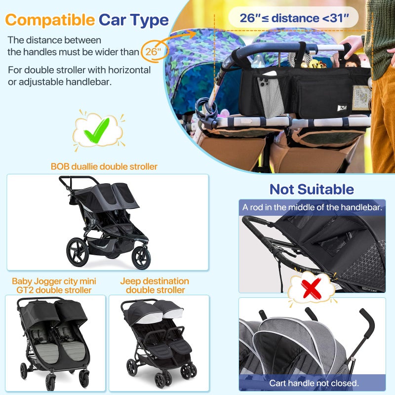 ZZM Double Stroller Organizer for Bob Duallie and Baby Jogger City Mini GT2, Double Baby Stroller Accessories with 2 Cooler Pockets, Parent Console Double Jogging Stroller Organizer(Empty Bag) - Image 2