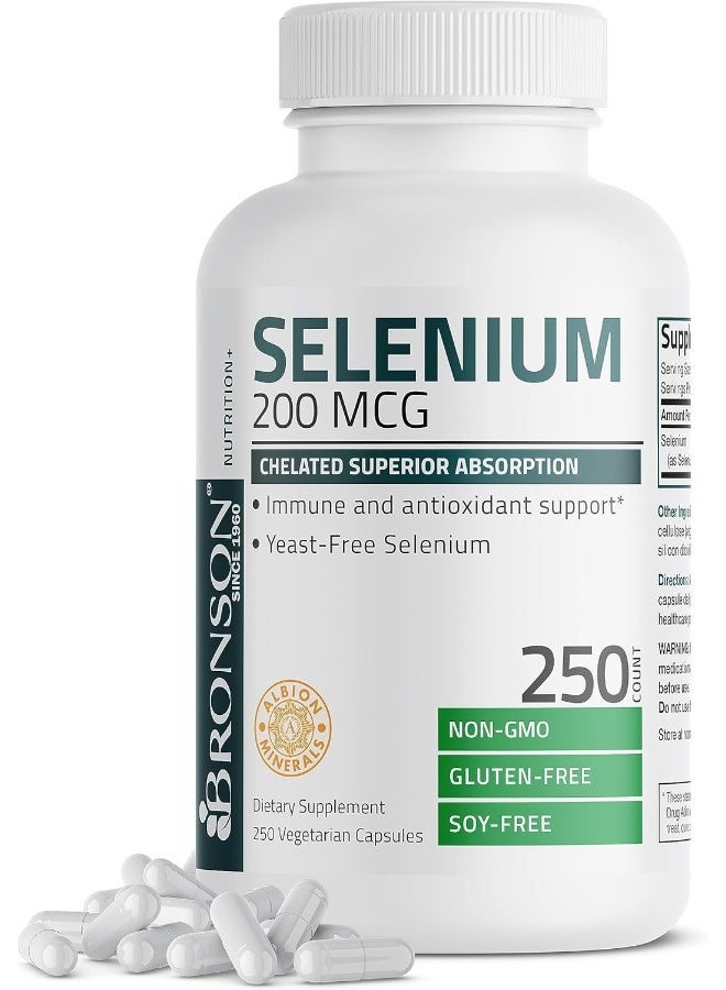 Bronson برونسون سيلينيوم 200 ميكروغرام لصحة الغدة الدرقية والبروستاتا والقلب - معدن أساسي مع امتصاص فائق، غير معدل وراثيًا، 250 كبسولة - Image 1