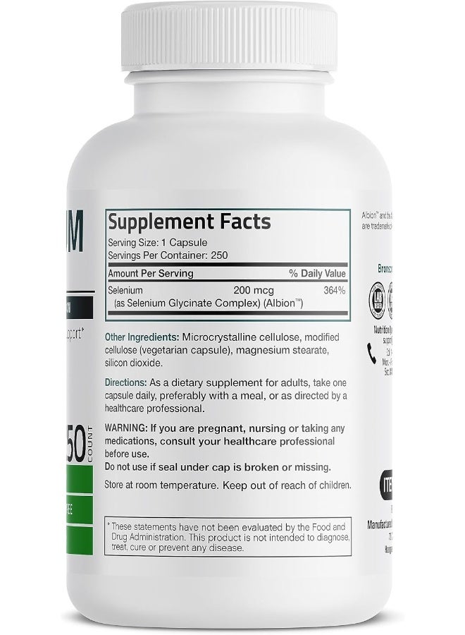 Bronson برونسون سيلينيوم 200 ميكروغرام لصحة الغدة الدرقية والبروستاتا والقلب - معدن أساسي مع امتصاص فائق، غير معدل وراثيًا، 250 كبسولة - Image 2