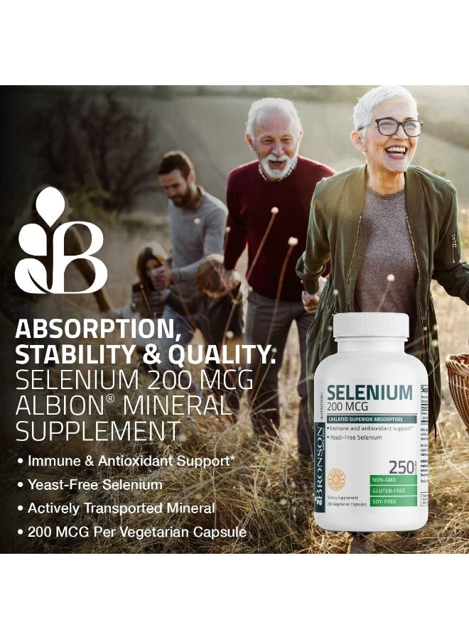 Bronson برونسون سيلينيوم 200 ميكروغرام لصحة الغدة الدرقية والبروستاتا والقلب - معدن أساسي مع امتصاص فائق، غير معدل وراثيًا، 250 كبسولة - Image 3