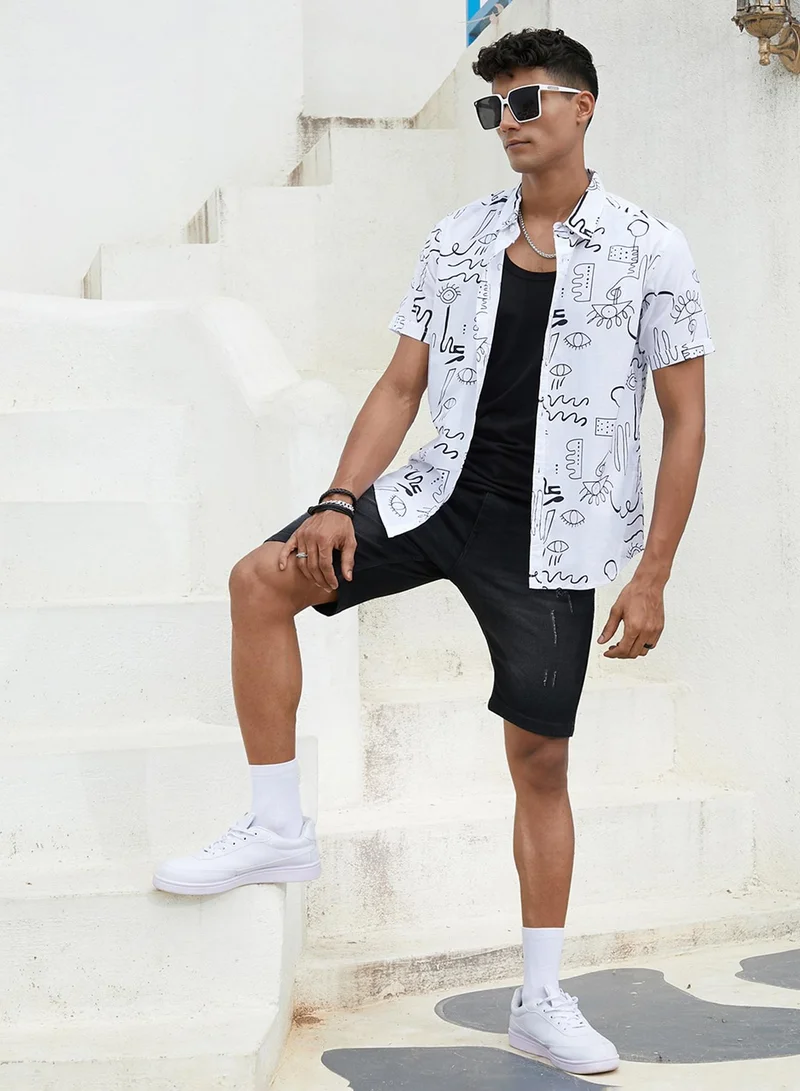 Campus Sutra Campus Sutra Men's Black & Grey Geometric Aztec Print Shirt For Everyday Wear | Spread Collar |  Button Closure | Shorts Sleeve | Heavy Rayon Shirt Crafted With Comfort Fit For Everyday Wear