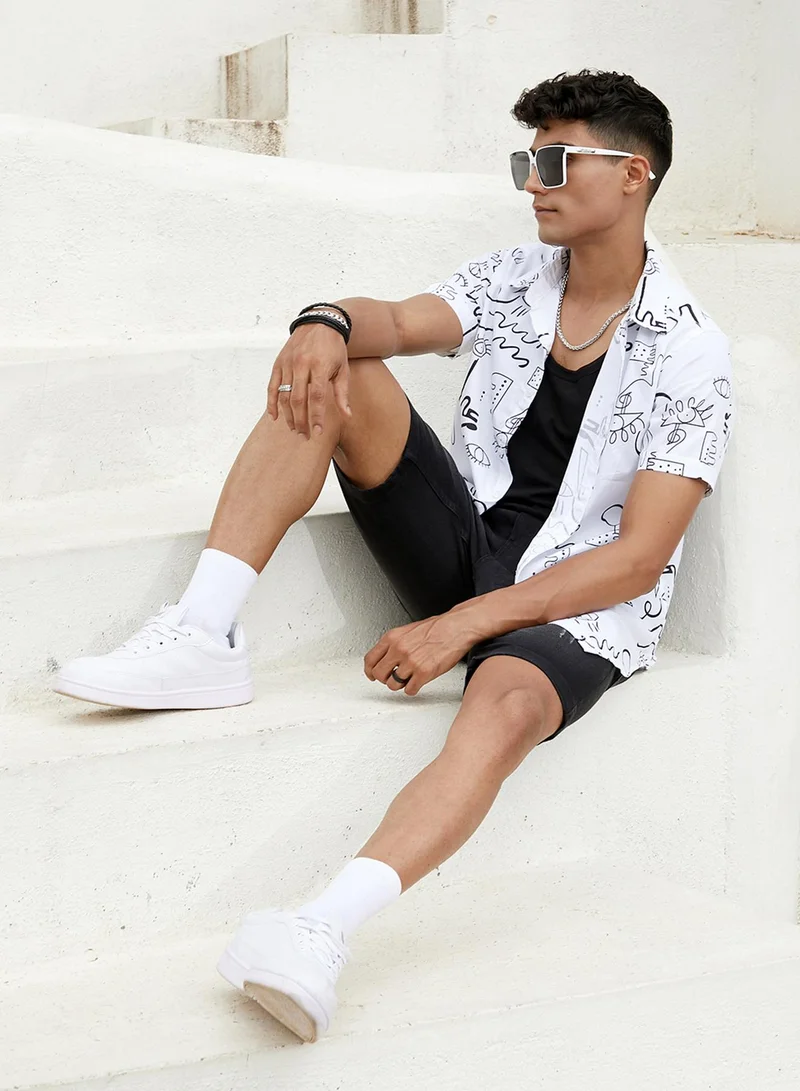 Campus Sutra Campus Sutra Men's Black & Grey Geometric Aztec Print Shirt For Everyday Wear | Spread Collar |  Button Closure | Shorts Sleeve | Heavy Rayon Shirt Crafted With Comfort Fit For Everyday Wear