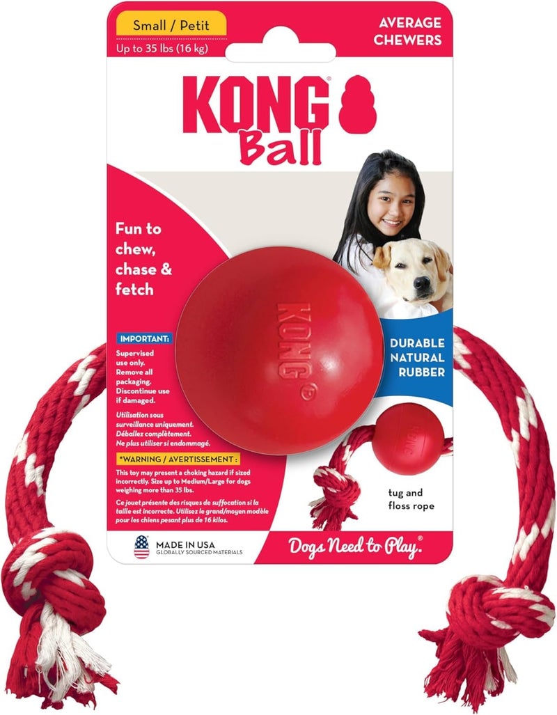 KONG Ball with Rope - Durable Fetch Toy with Rope for Easy Throwing - For Tug, Playtime & More - Natural Rubber - Red - For Small Dogs - Image 2