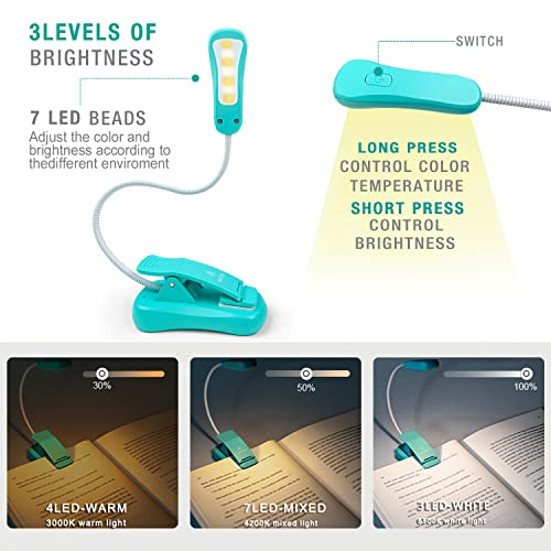 Vekkia Rechargeable Book Light for Reading in Bed, 3 Color x 3 Brightness, Lightweight Reading Light, Up to 70 Hours Lighting, Great for Readers, Travel (Blue) - Image 2