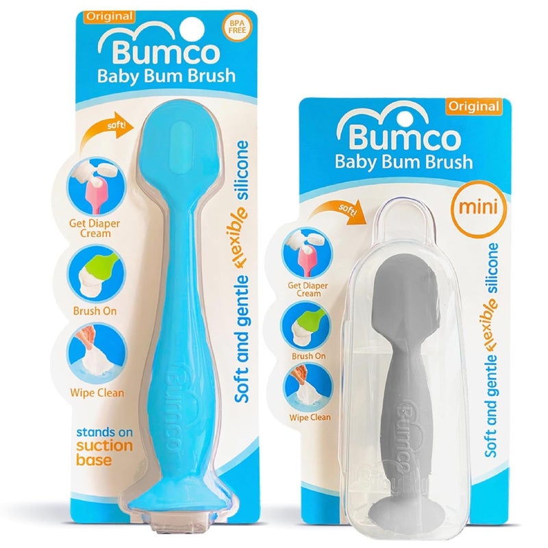 Baby Bum Brush Bumco Baby Bum Brush + Mini Baby Diaper Cream Spatula with Case - BPA-Free Silicone Diaper Spatula with Suction Cup, Wipe-Clean, Mom-Invented Butt Paste Applicator (Blue & Gray) - Image 1