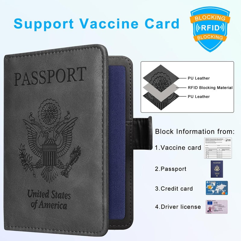 ACdream Passport and Vaccine Card Holder Combo, Cover Case with CDC Vaccination Card Slot, Leather Travel Documents Organizer Protector, with RFID Blocking, for Women and Men - Grey - Image 3