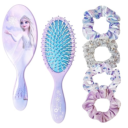 Luv Her Frozen Princess Elsa Hair Accessory 5 Pcs Set - 1 Regular 9 inch Frozen Hairbrush & 4 Frozen Scrunchies - Detangling Brush & Elastic Hair Ties Ropes for Girls, Ages 3+ - Image 1
