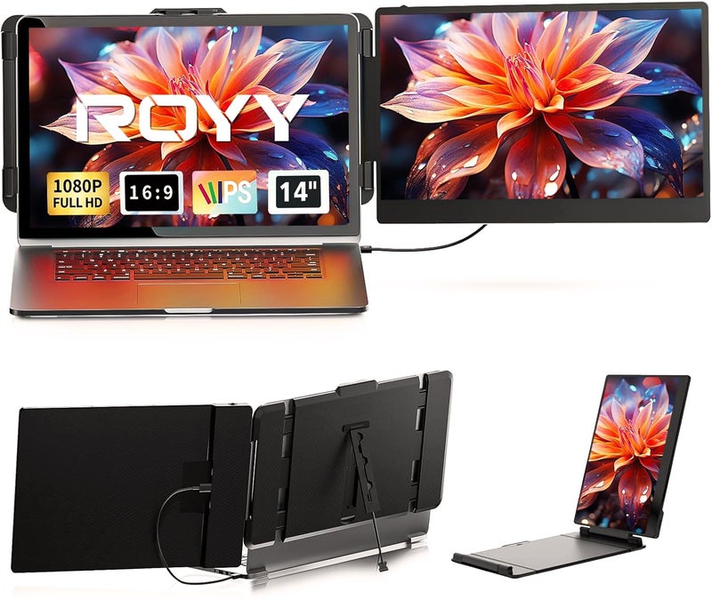Royy Laptop Screen Extender - 14" FHD 1080P IPS Portable Computer Monitor for Laptops, Dual Screen Travel Monitor for Laptops 13-17" with USB-C/HDMI Port, Plug & Play for Windows/Mac/Android/Switch/PS - Image 1