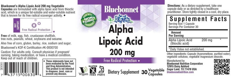 Bluebonnet Alpha Lipoic Acid 200 Mg Vegetable Capsules, 30 Ct - Image 2