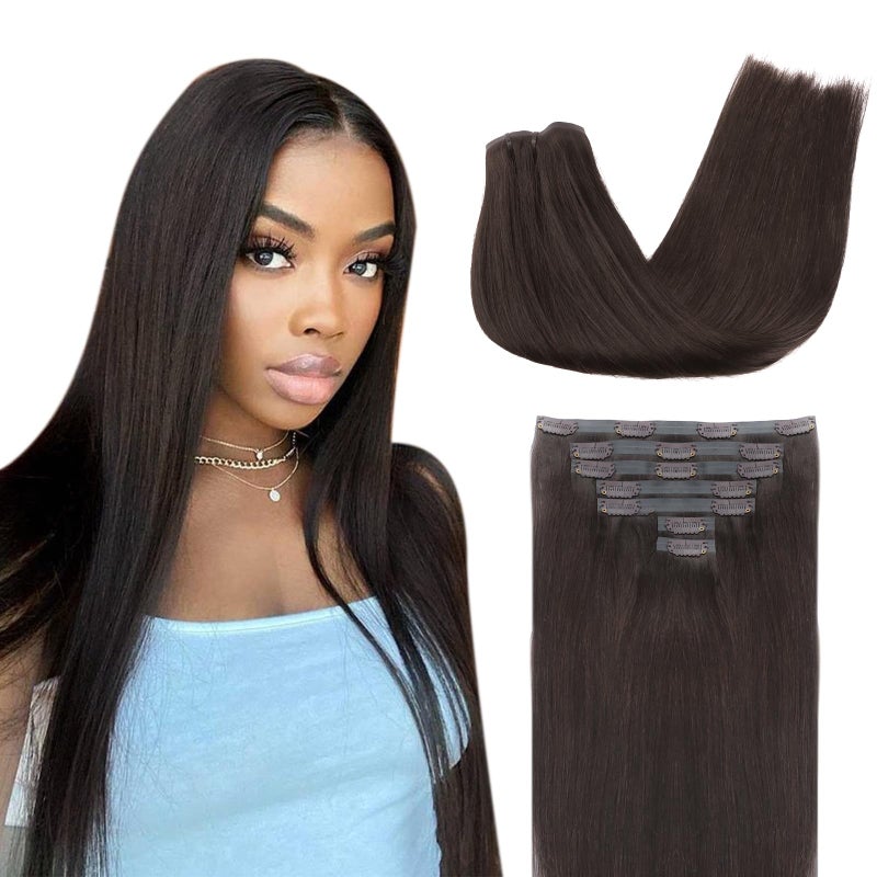Lashey Seamless Clip in Hair Extensions 7pcs 110g Straight Remy Hair Extensions, 18 Inch Human Hair Extensions #2 Dark Brown Hair Extensions with PU Skin Weft for Women - Image 1