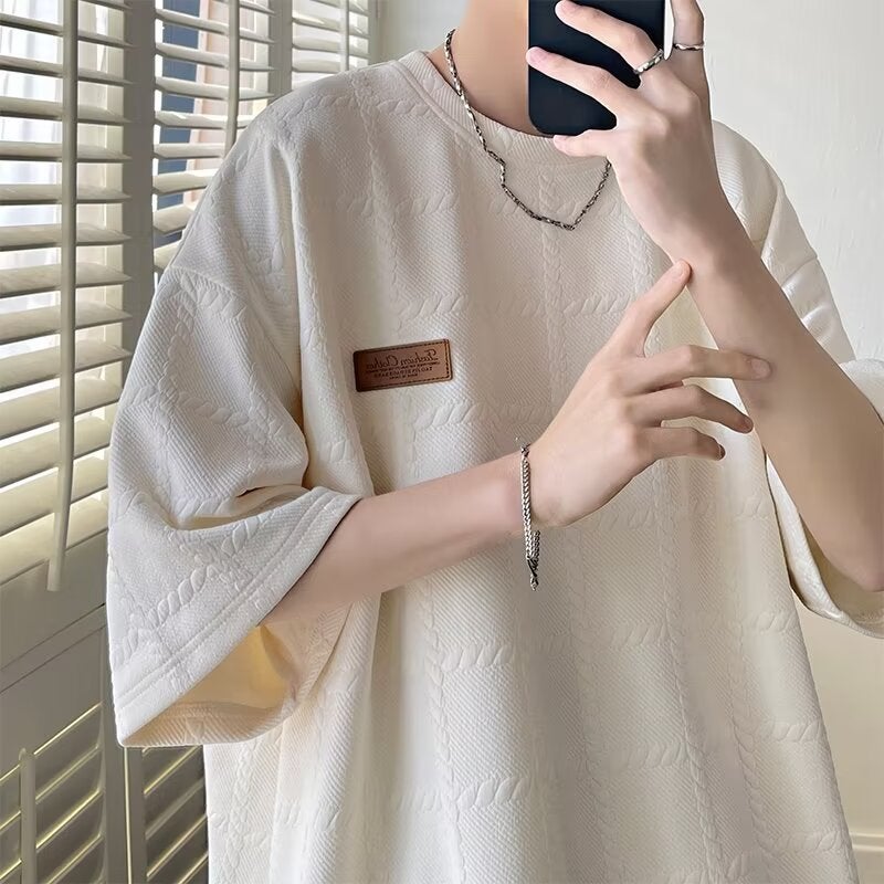 Jacquard Short-Sleeved T-Shirt Men'S Summer Round Neck Heavy Loose American-Style Trendy All-Match Casual T-Shirt - Image 2