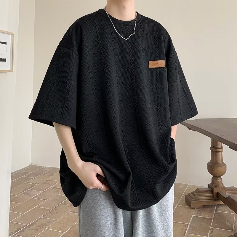 Jacquard Short-Sleeved T-Shirt Men'S Summer Round Neck Heavy Loose American-Style Trendy All-Match Casual T-Shirt - Image 3