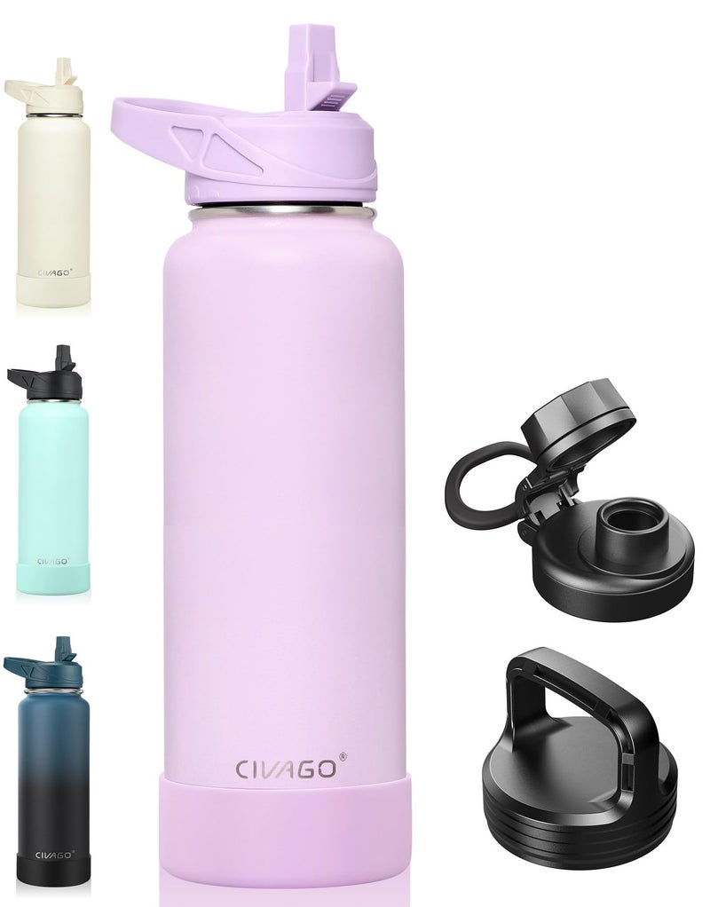 CIVAGO 40 oz Insulated Water Bottle With Straw, Stainless Steel Sports Water Flask Cup with 3 Lids (Straw, Spout and Handle Lid), Double Walled Travel Thermal Canteen Mug, Lavender - Image 1