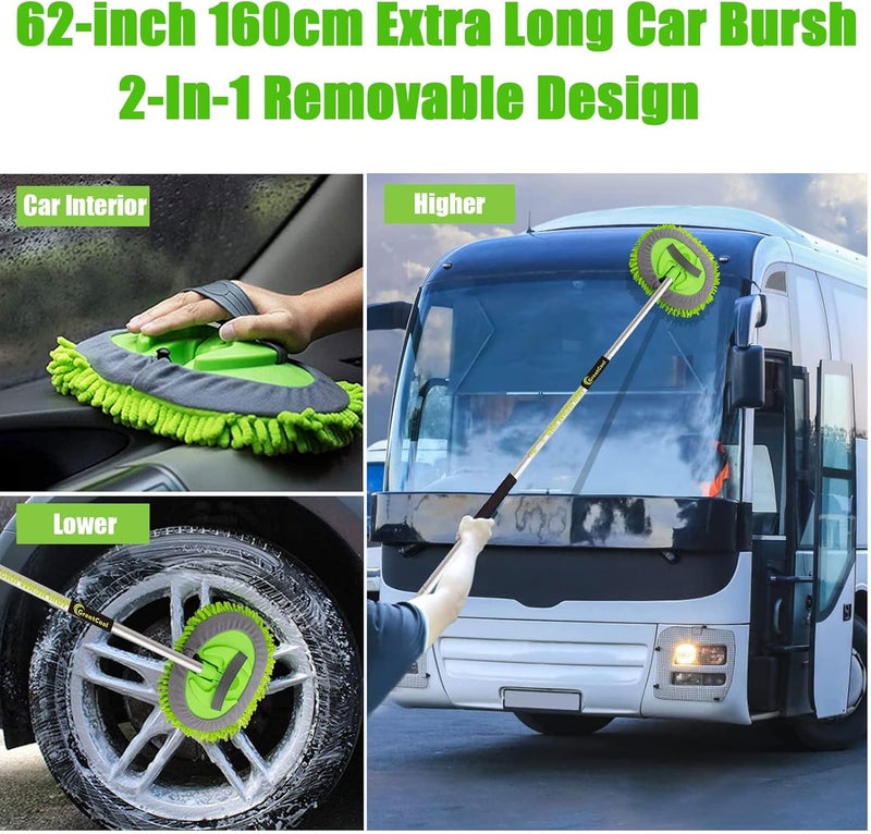 GreatCool 62" Car Wash Brush Kit, 2 x Chenille Microfiber Mop Heads, 1 x 160 cm Aluminum Alloy Pole, Scratch-Free, Green, Suitable for Cars, Trucks, SUVs, RVs, and Household - Image 3