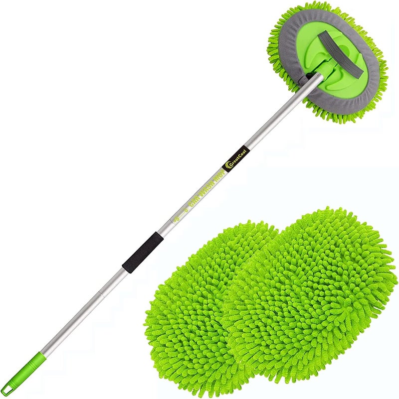 GreatCool 62" Car Wash Brush Kit, 2 x Chenille Microfiber Mop Heads, 1 x 160 cm Aluminum Alloy Pole, Scratch-Free, Green, Suitable for Cars, Trucks, SUVs, RVs, and Household - Image 1