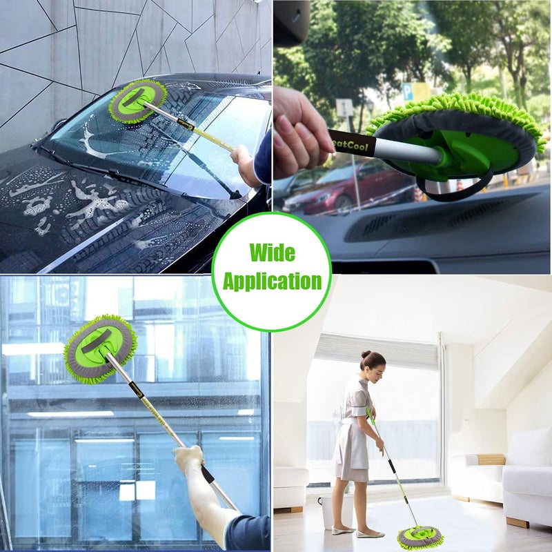 GreatCool 62" Car Wash Brush Kit, 2 x Chenille Microfiber Mop Heads, 1 x 160 cm Aluminum Alloy Pole, Scratch-Free, Green, Suitable for Cars, Trucks, SUVs, RVs, and Household - Image 5