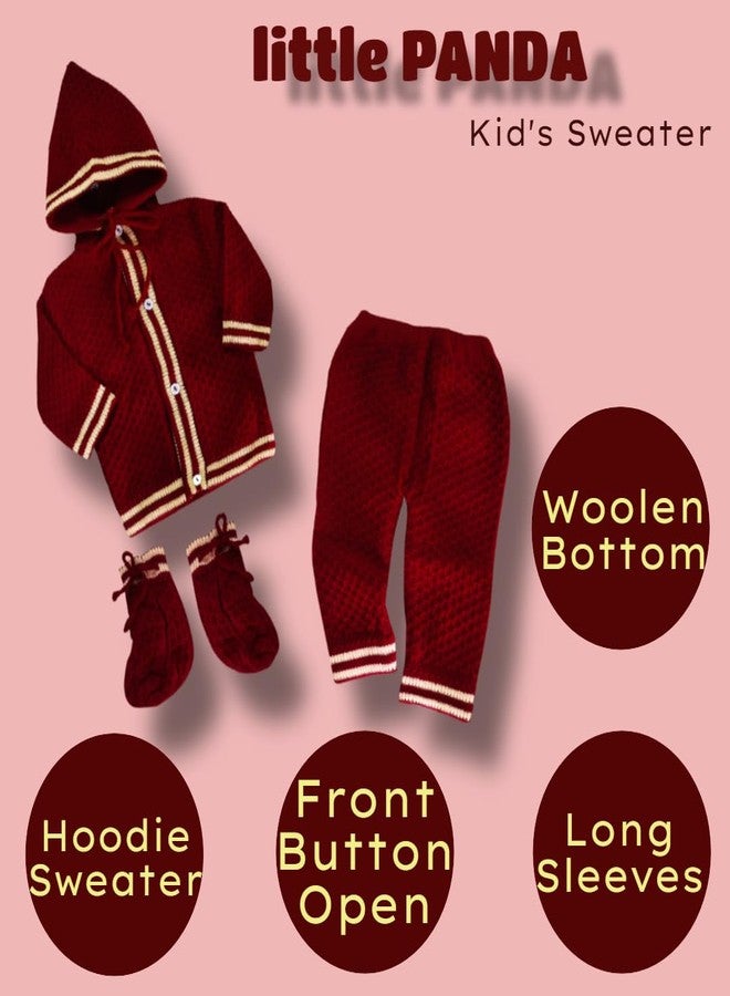 little PANDA Baby Sweater Unisex Woollen Knitted Printed Hooded Sweater with Pyjama and Booties Set Woollen Sweater Born Baby (0-3 Months, Maroon) - Image 2