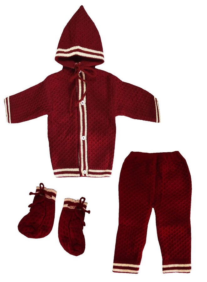 little PANDA Baby Sweater Unisex Woollen Knitted Printed Hooded Sweater with Pyjama and Booties Set Woollen Sweater Born Baby (0-3 Months, Maroon) - Image 1
