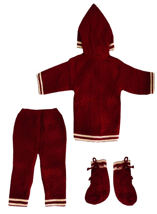 little PANDA Baby Sweater Unisex Woollen Knitted Printed Hooded Sweater with Pyjama and Booties Set Woollen Sweater Born Baby (0-3 Months, Maroon) - Image 3