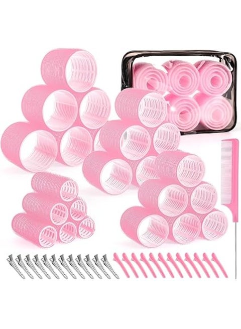 Self-Grip Hair Rollers Set with Clips, 50 Pieces in 4 Sizes (25mm, 36mm, 48mm, 60mm), Jumbo Hair Curlers for Long and Short Hair, Creates Natural Waves and Volume – Hair Styling Tools – Pink Hair Curlers – Hair Rollers Set