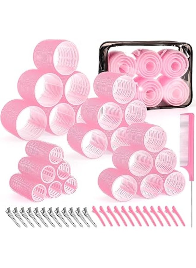Self-Grip Hair Rollers Set with Clips, 50 Pieces in 4 Sizes (25mm, 36mm, 48mm, 60mm), Jumbo Hair Curlers for Long and Short Hair, Creates Natural Waves and Volume – Hair Styling Tools – Pink Hair Curlers – Hair Rollers Set - Image 1