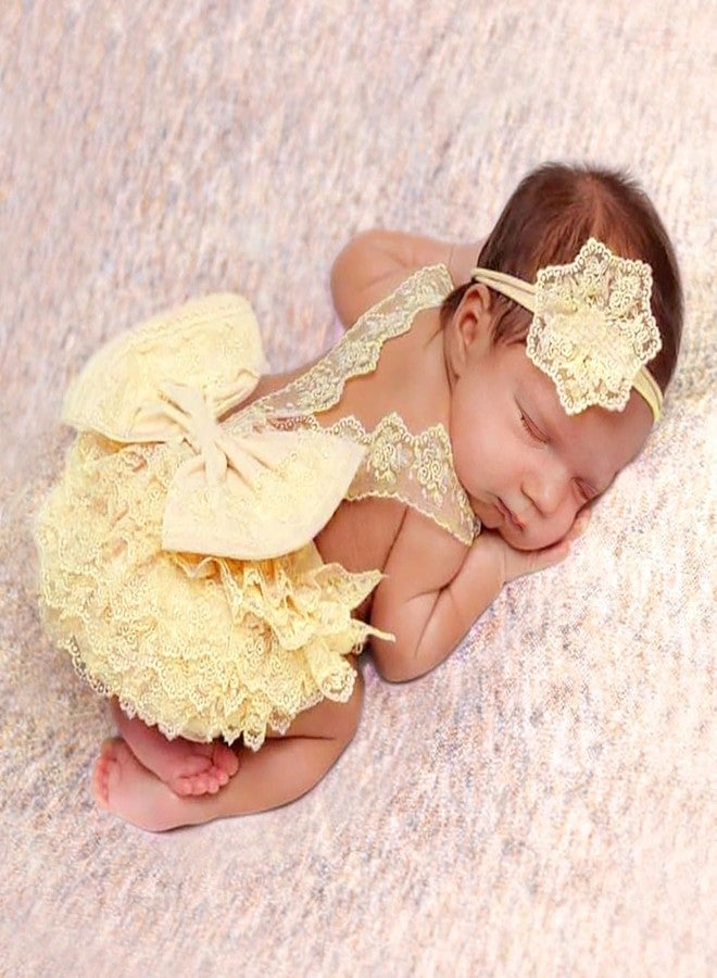 Vomdrok Newborn Photography Outfits Girl Baby Photography Props Lace Romper with Headress Newborn Outfits Girls Photoshoot Props (Yellow) - Image 1