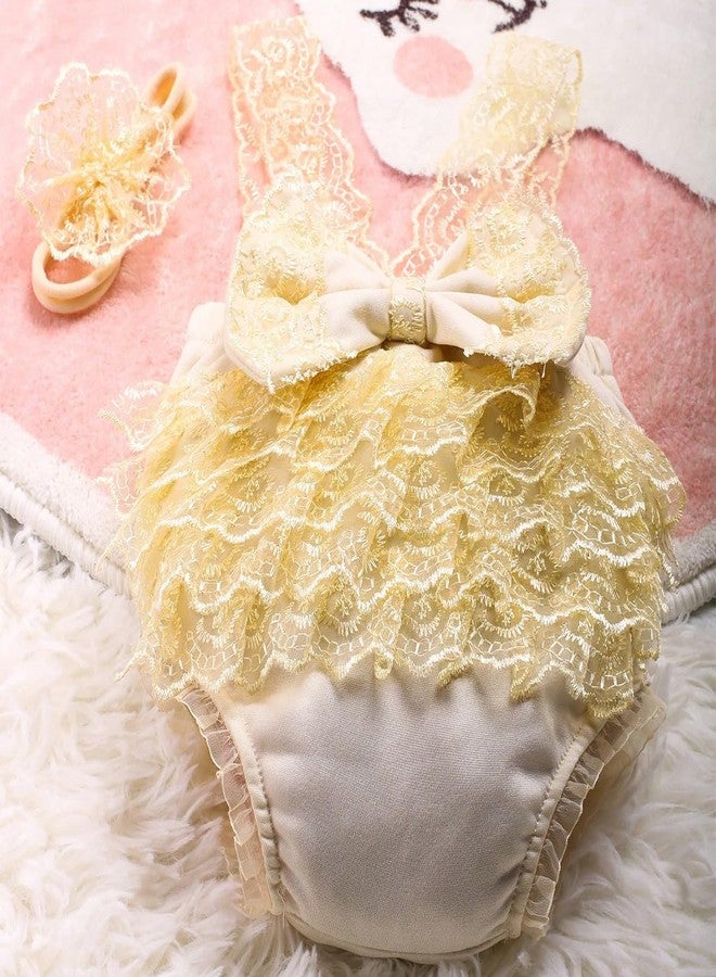 Vomdrok Newborn Photography Outfits Girl Baby Photography Props Lace Romper with Headress Newborn Outfits Girls Photoshoot Props (Yellow) - Image 2