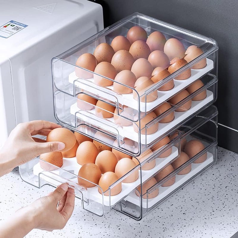 MANO 64grid Stackable Egg Holder For Refrigerator Drawer Pull Out, Clear Egg Container Fridge Storage Box Plastic Bins With Tray For Pantry Kitchen Cabinet (double Layer, 2Pack) - Image 1