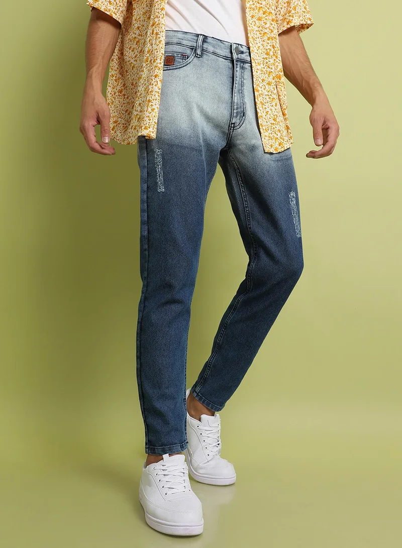 Campus Sutra Campus Sutra Men's Blue Contrast Ombre Denim Jeans For Everyday Wear | Medium-Wash |  Button Closure | Regular Fit | Denim Jeans Crafted With Comfort Fit For Everyday Wear