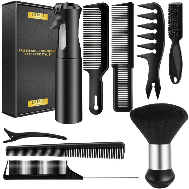DUAIU 9Pcs Hair Comb Set, Professional Barber Combs for Hair Cutting and Styling - Premium Grade Hair Spray Bottle Neck Duster Barber Brush Set, Taper Texture Clipper Comb Tools for Men Boys - Image 1
