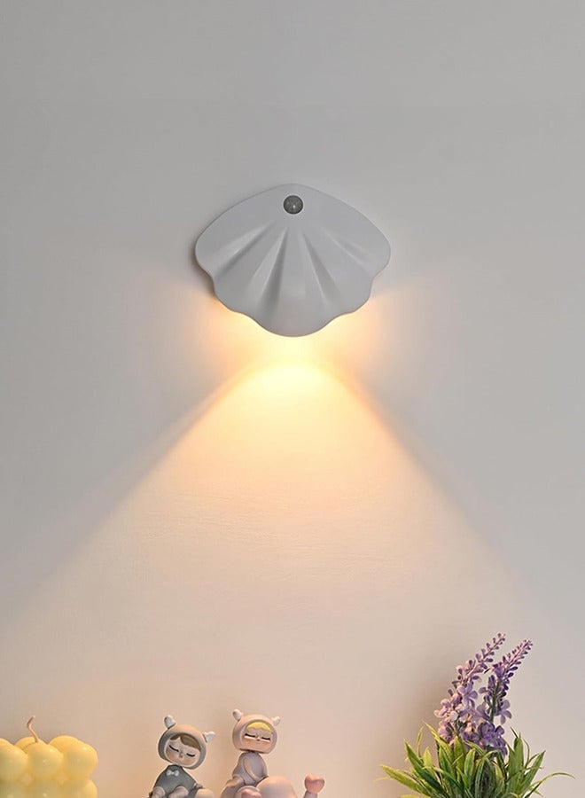 Motion Sensor Night Wall Lighting, Rechargeable Battery Operated Wall Lighting, Dimmable 3 Colors Temperature LED Shell Lamp, Wireless Magnetic Wall Light for Bedroom Staircase Hallway,White (1 Pack, White) - Image 1
