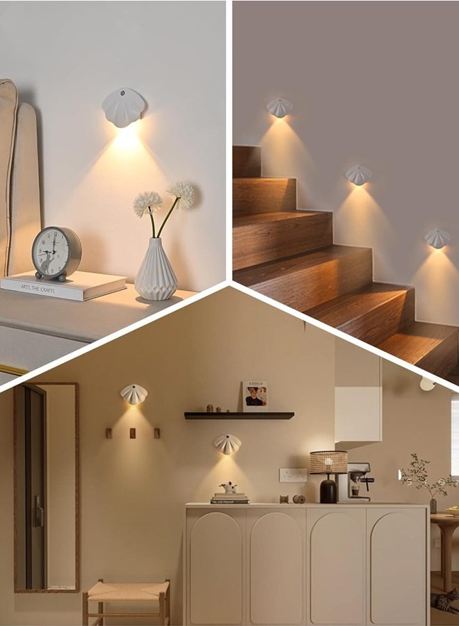 Motion Sensor Night Wall Lighting, Rechargeable Battery Operated Wall Lighting, Dimmable 3 Colors Temperature LED Shell Lamp, Wireless Magnetic Wall Light for Bedroom Staircase Hallway,White (1 Pack, White) - Image 2